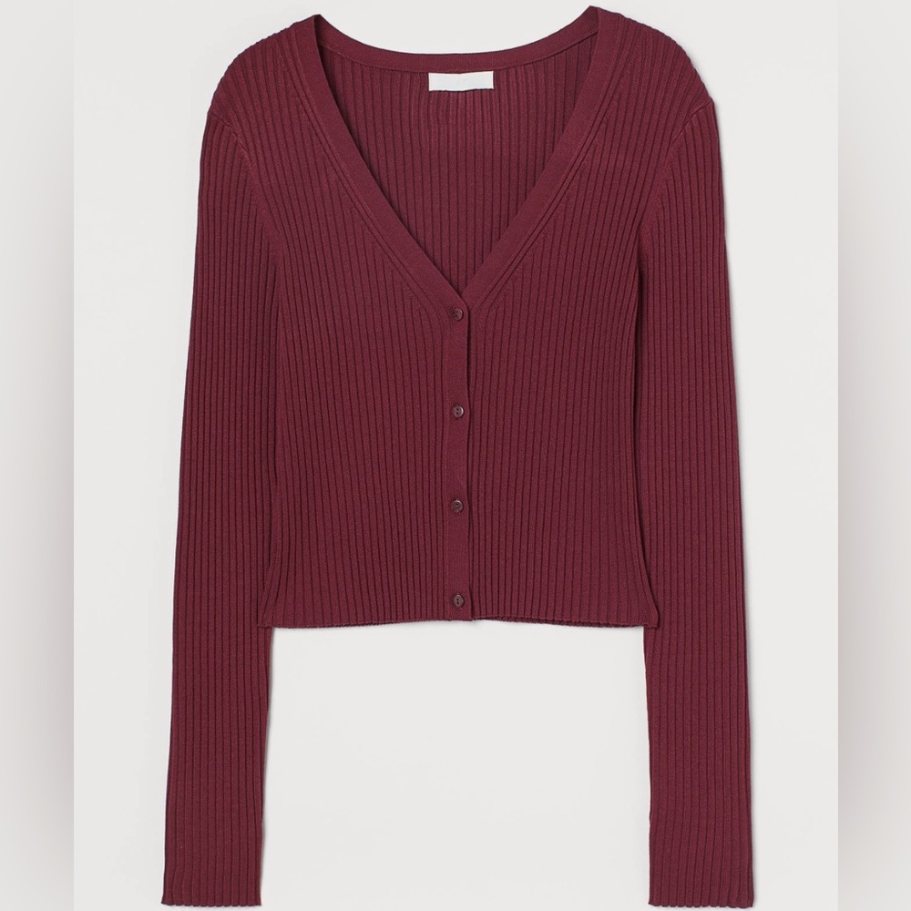 Rib-knit Dark Red/Burgundy Fitted Cardigan